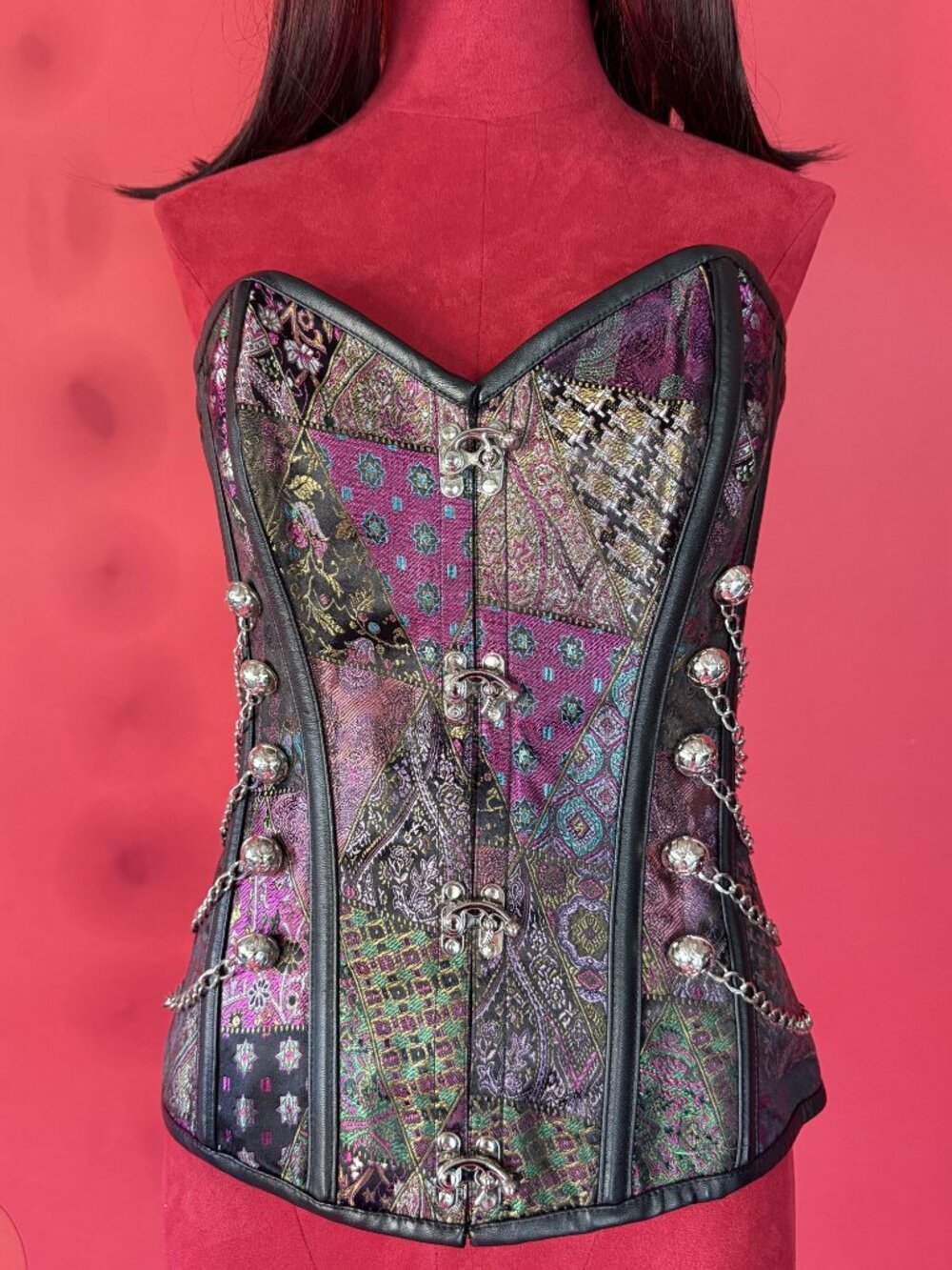 Purple Brocade Gothic Corset Top with Chains – Y2K Vintage Punk Bustier